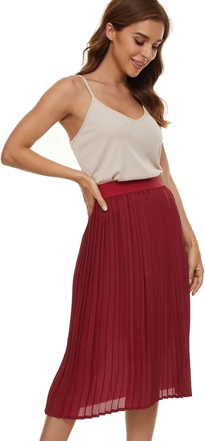 Womens Pleated Midi Skirt,High Waist Swing Boho Pleated Skirt Casual Chiffon Elastic A-line Long Skirts