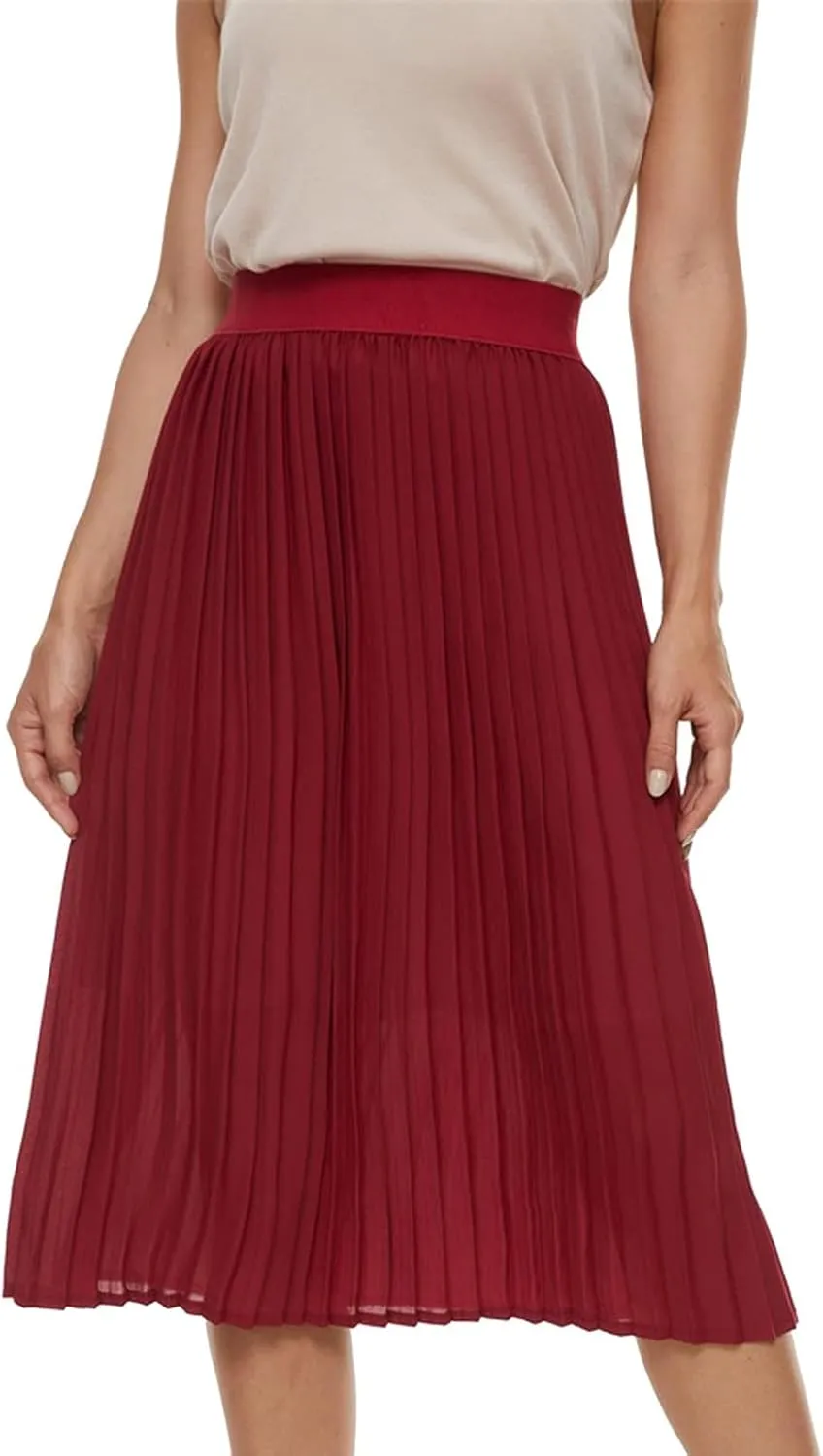 Womens Pleated Midi Skirt,High Waist Swing Boho Pleated Skirt Casual Chiffon Elastic A-line Long Skirts