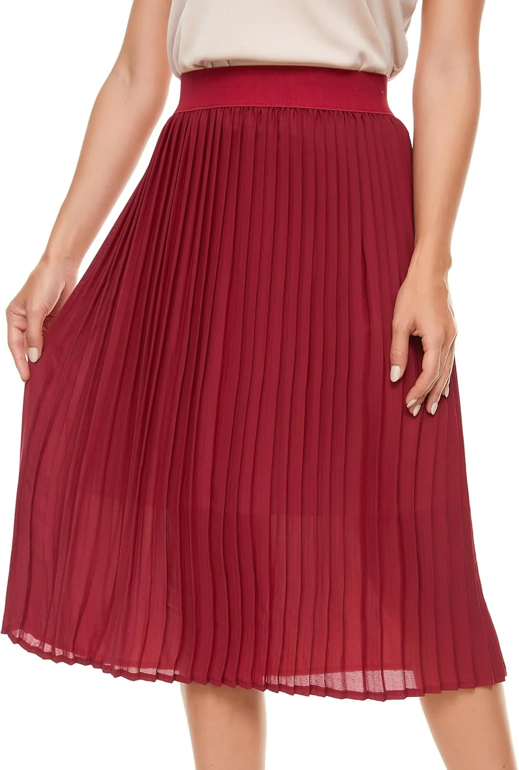 Womens Pleated Midi Skirt,High Waist Swing Boho Pleated Skirt Casual Chiffon Elastic A-line Long Skirts