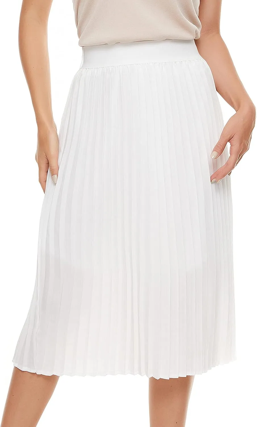 Womens Pleated Midi Skirt,High Waist Swing Boho Pleated Skirt Casual Chiffon Elastic A-line Long Skirts