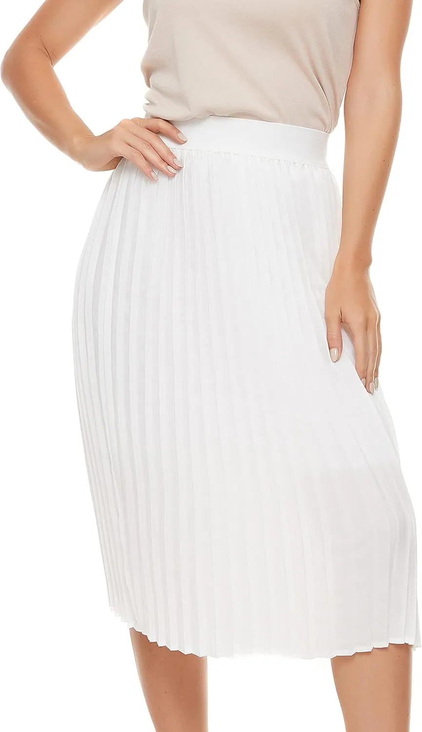Womens Pleated Midi Skirt,High Waist Swing Boho Pleated Skirt Casual Chiffon Elastic A-line Long Skirts