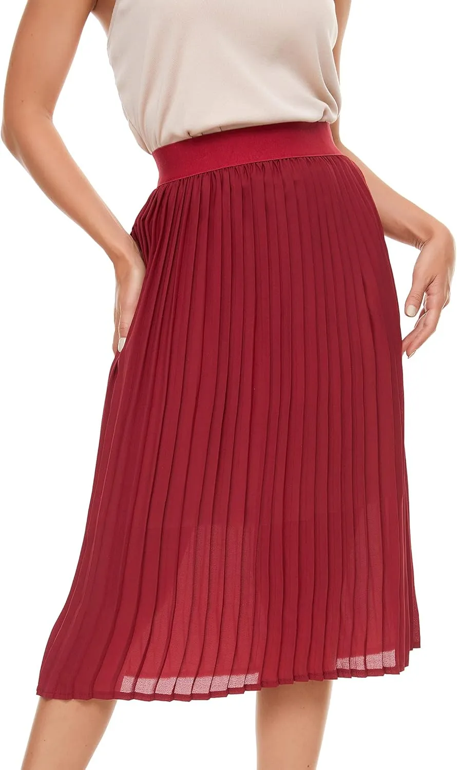 Womens Pleated Midi Skirt,High Waist Swing Boho Pleated Skirt Casual Chiffon Elastic A-line Long Skirts