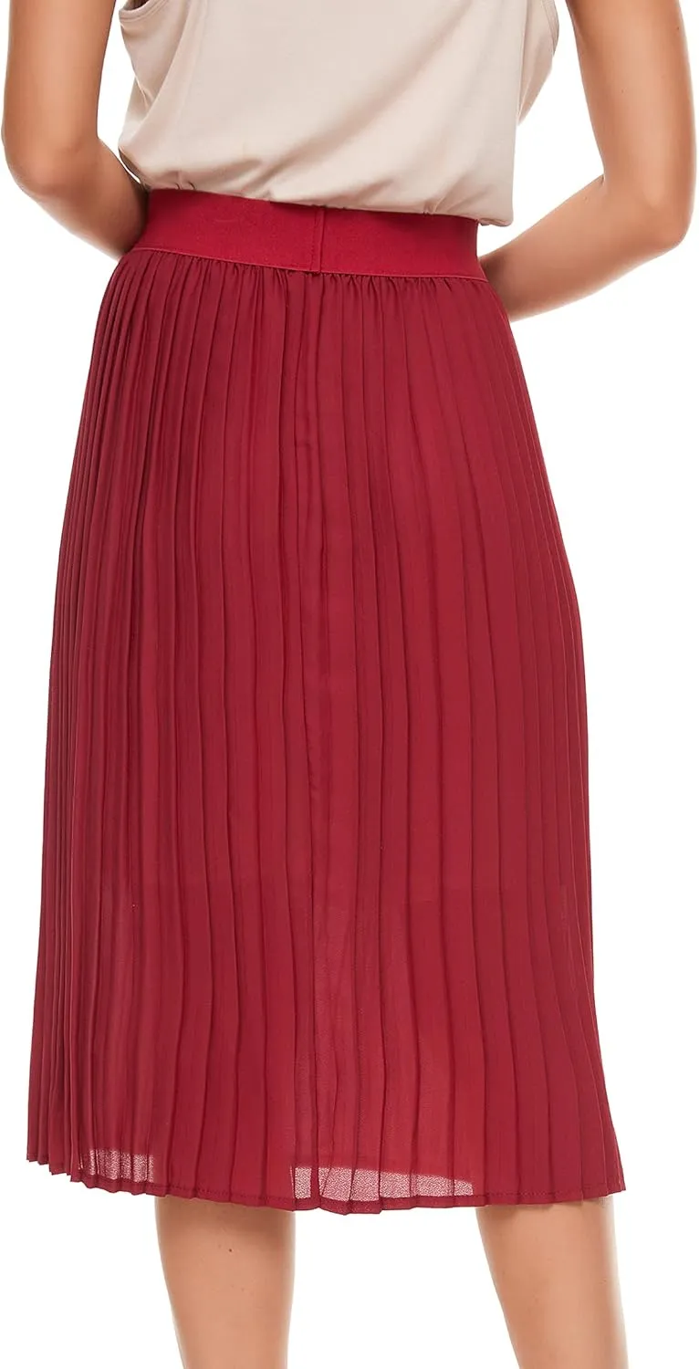 Womens Pleated Midi Skirt,High Waist Swing Boho Pleated Skirt Casual Chiffon Elastic A-line Long Skirts