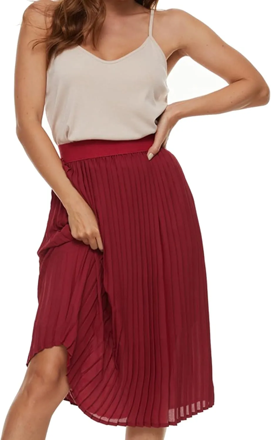 Womens Pleated Midi Skirt,High Waist Swing Boho Pleated Skirt Casual Chiffon Elastic A-line Long Skirts