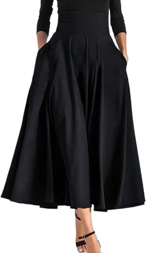 Womens Pleated Waist Slimming Casual Midi Skirt Flared Knee Length Skirts for Women