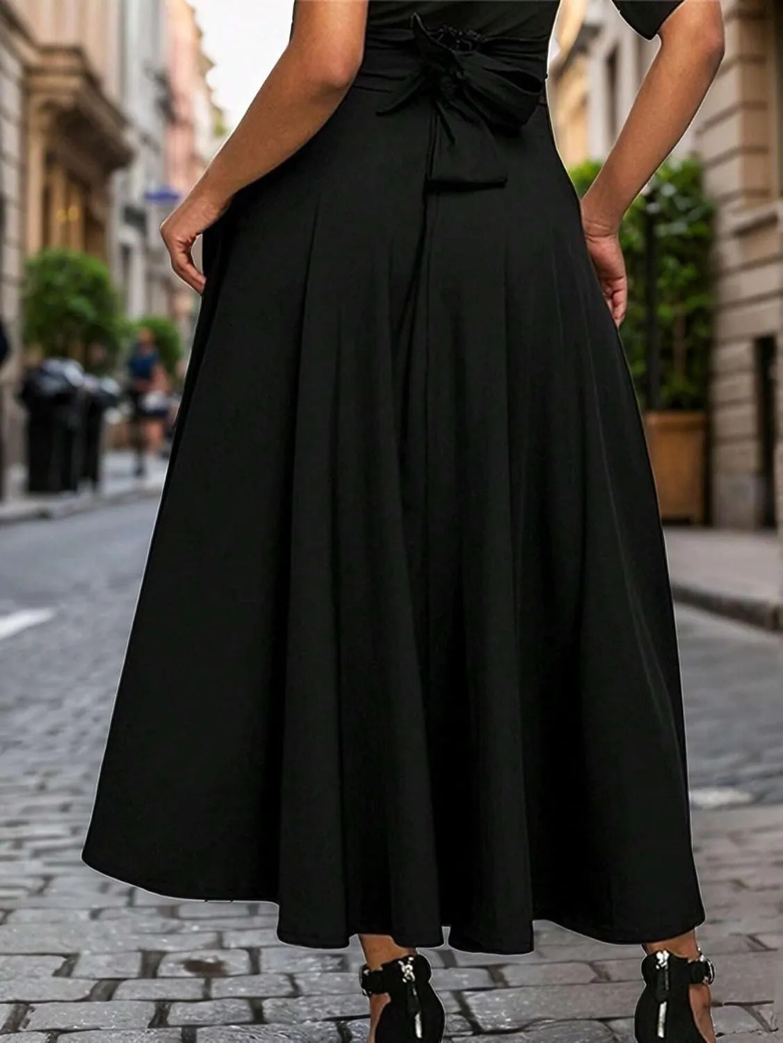 Womens Pleated Waist Slimming Casual Midi Skirt Flared Knee Length Skirts for Women