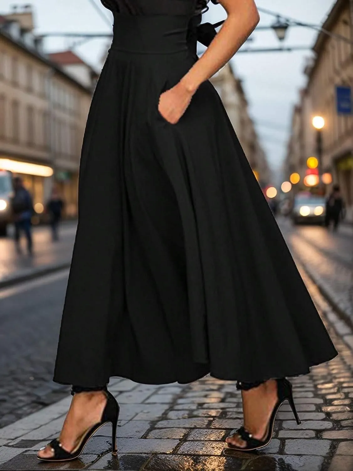 Womens Pleated Waist Slimming Casual Midi Skirt Flared Knee Length Skirts for Women