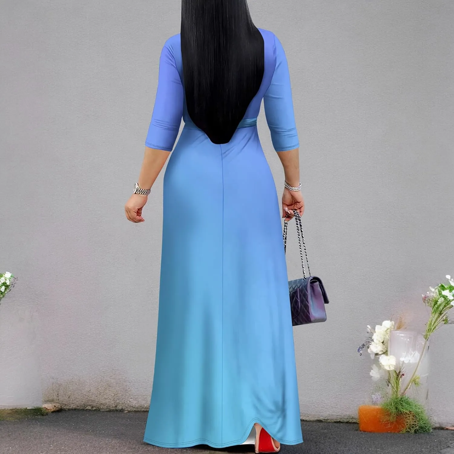 Women's Plus Size Maxi Dress Sexy V Neck 3/4 Sleeves Solid Color A Line Long Dresses Printed Swing Sundress with Belt