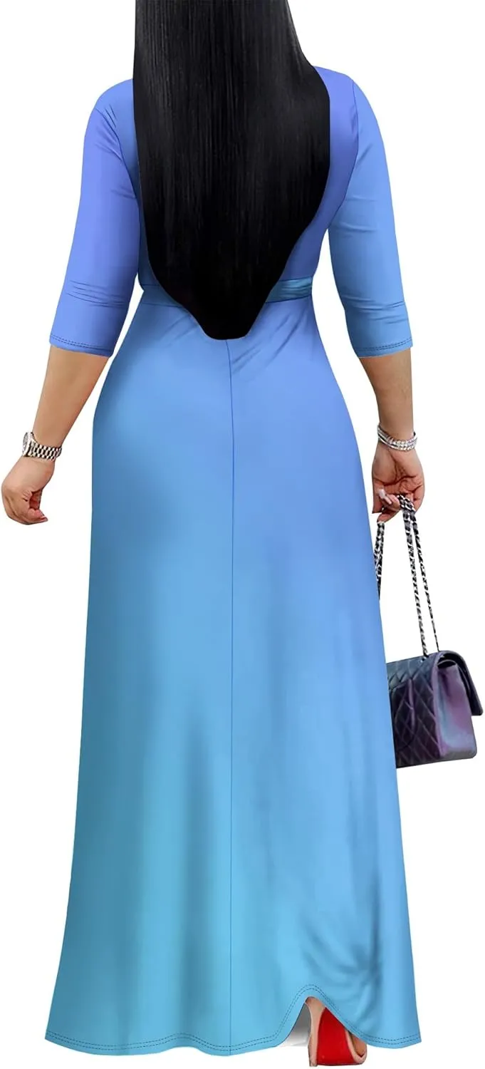 Women's Plus Size Maxi Dress Sexy V Neck 3/4 Sleeves Solid Color A Line Long Dresses Printed Swing Sundress with Belt