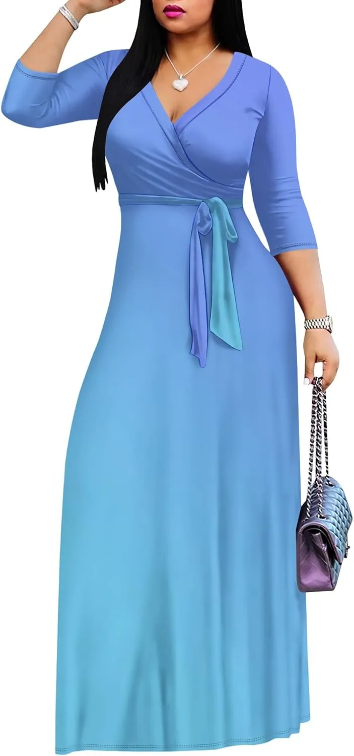 Women's Plus Size Maxi Dress Sexy V Neck 3/4 Sleeves Solid Color A Line Long Dresses Printed Swing Sundress with Belt