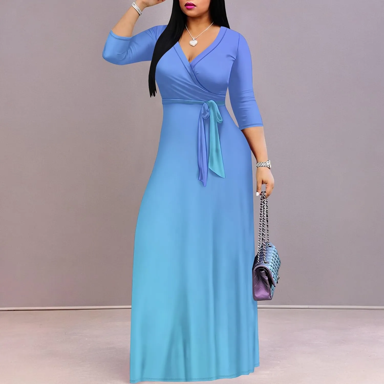 Women's Plus Size Maxi Dress Sexy V Neck 3/4 Sleeves Solid Color A Line Long Dresses Printed Swing Sundress with Belt