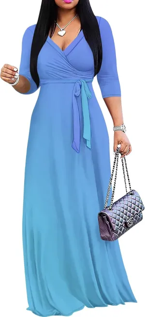 Women's Plus Size Maxi Dress Sexy V Neck 3/4 Sleeves Solid Color A Line Long Dresses Printed Swing Sundress with Belt