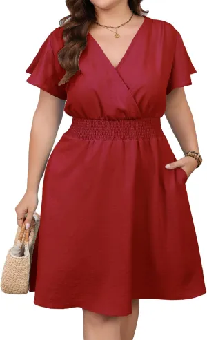 Women's Plus Size Midi Dress Ruffle Short Sleeve A-Line Swing Dress V Neck Flowy Casual Dresses with Pockets