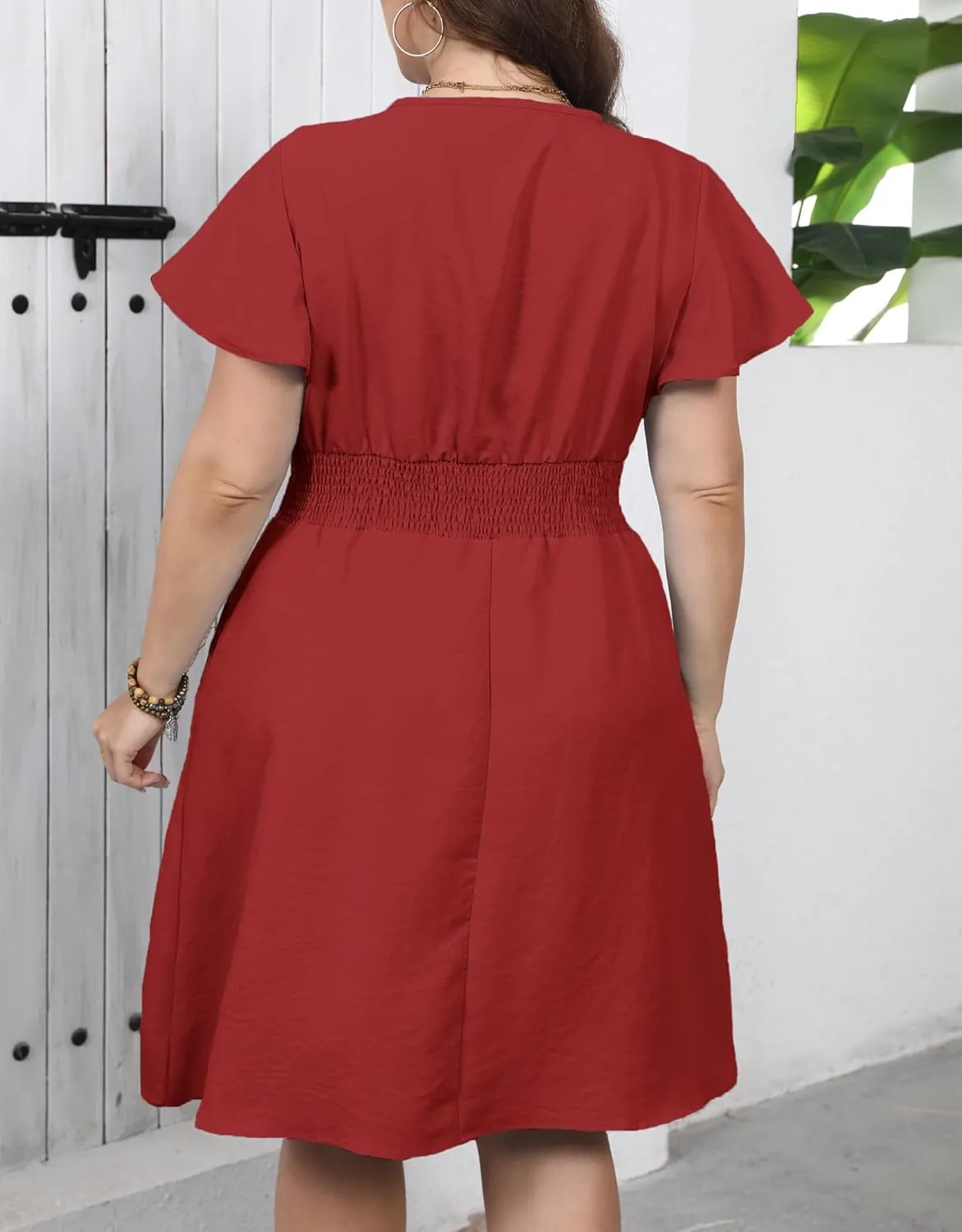 Women's Plus Size Midi Dress Ruffle Short Sleeve A-Line Swing Dress V Neck Flowy Casual Dresses with Pockets