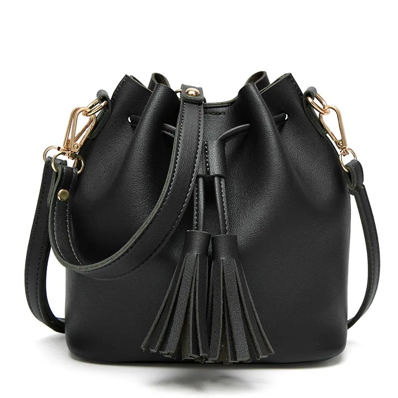 Women’s PU Leather Solid Color Bucket Bag with Tassels