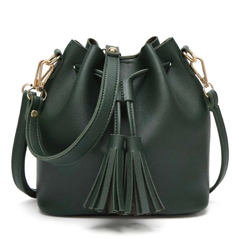Women’s PU Leather Solid Color Bucket Bag with Tassels