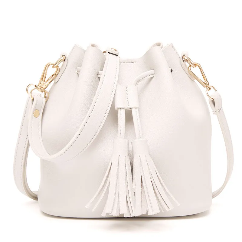 Women’s PU Leather Solid Color Bucket Bag with Tassels