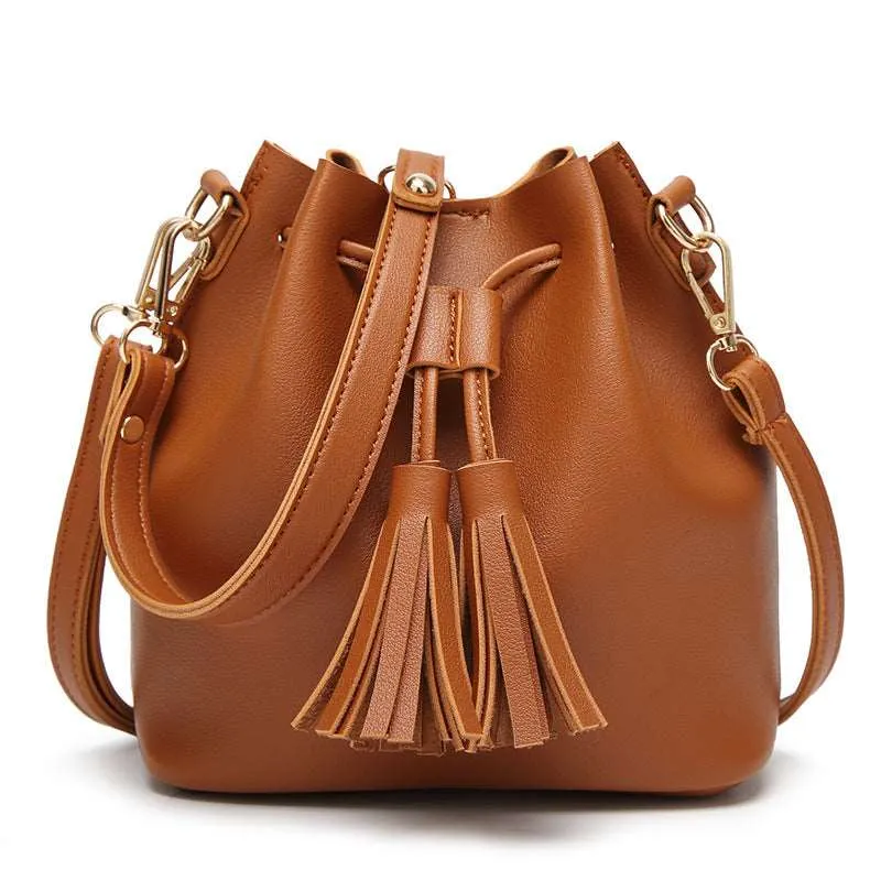 Women’s PU Leather Solid Color Bucket Bag with Tassels