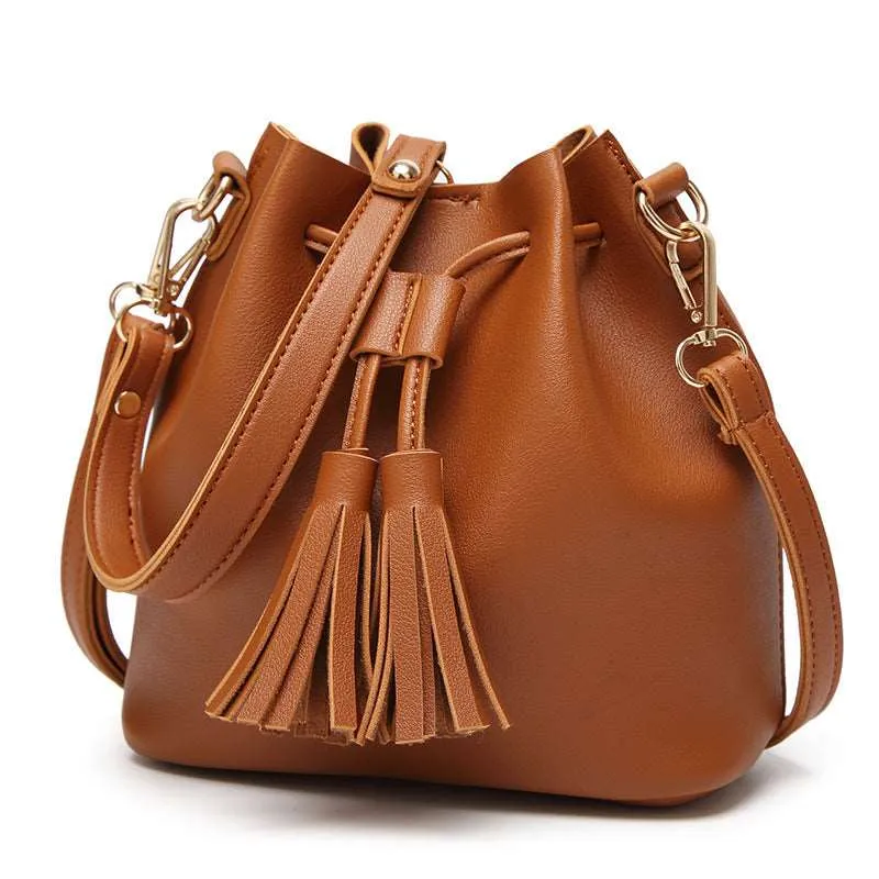 Women’s PU Leather Solid Color Bucket Bag with Tassels