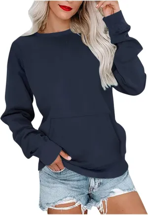 Women's Round Neck Sweatshirt Solid Plain Long Sleeve Pullover Shirts Slim Fit Tunic Comfy Casual Outfits