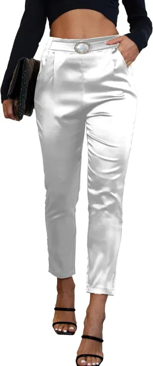 Women's Satin Pants Dress Casual Party Wedding Night Pull on High Waist Pants