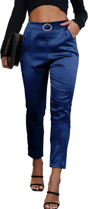 Women's Satin Pants Dress Casual Party Wedding Night Pull on High Waist Pants