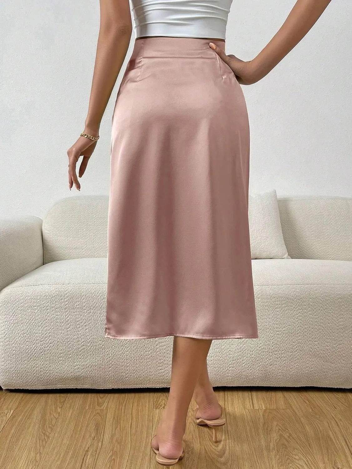 Womens Solid Color Pleated High Slit Casual Midi Skirt Satin Outfit High Waist Knee Length Skirts For Women