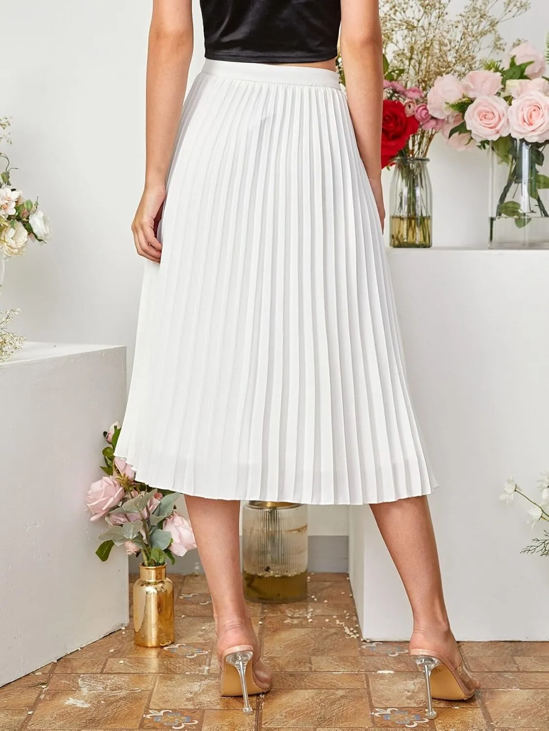 Womens Solid Pleated Midi Skirt High Waist Loose Knee Length Skirts for Women