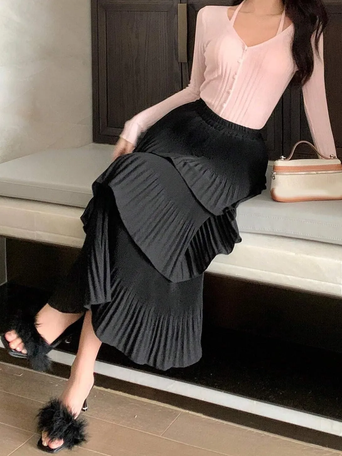 Womens Solid Ruffle Hem Pleated Midi Skirt Knee Length Skirts for Women