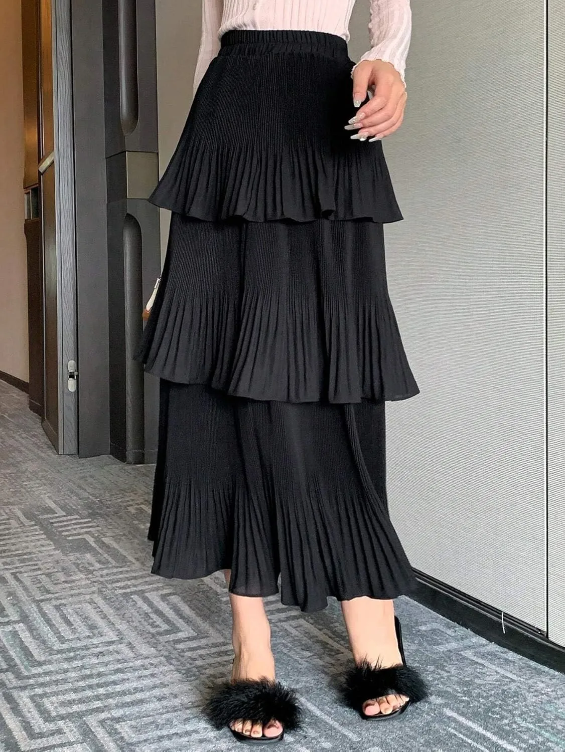 Womens Solid Ruffle Hem Pleated Midi Skirt Knee Length Skirts for Women