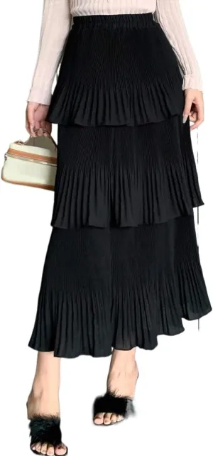 Womens Solid Ruffle Hem Pleated Midi Skirt Knee Length Skirts for Women