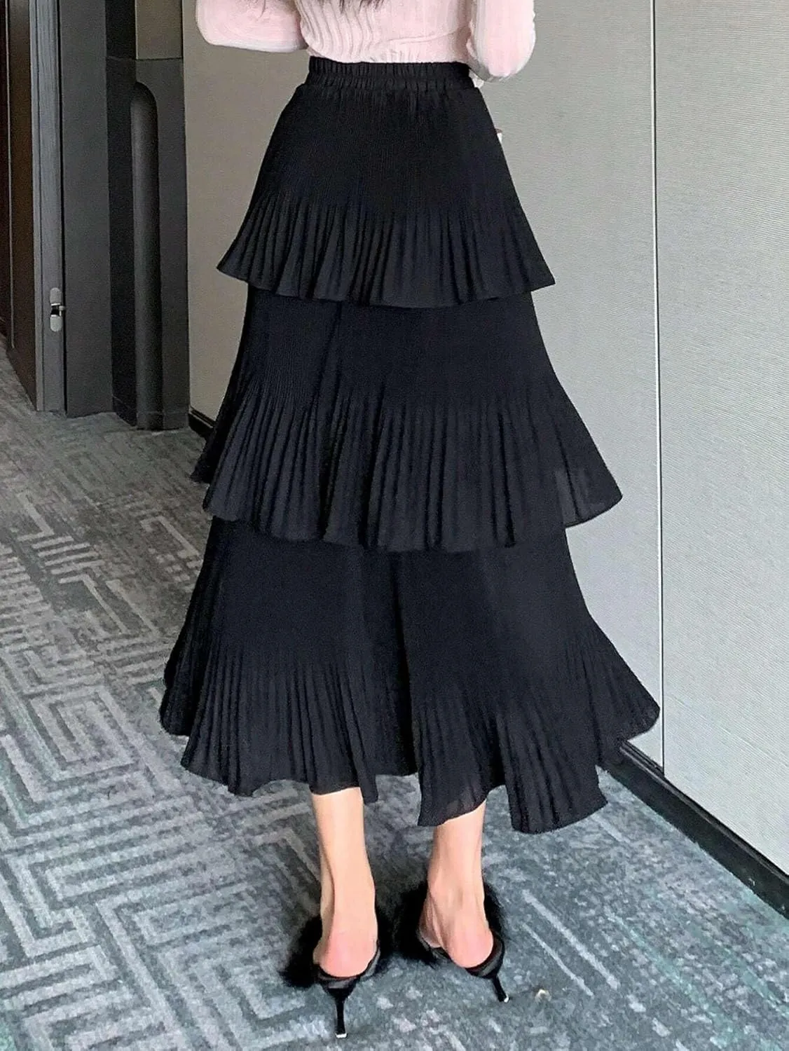 Womens Solid Ruffle Hem Pleated Midi Skirt Knee Length Skirts for Women