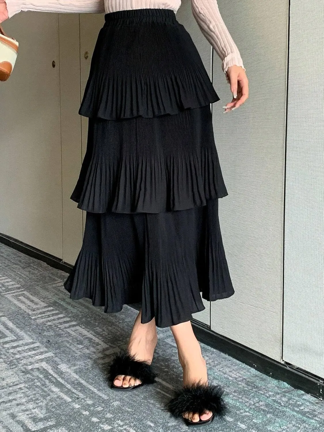 Womens Solid Ruffle Hem Pleated Midi Skirt Knee Length Skirts for Women