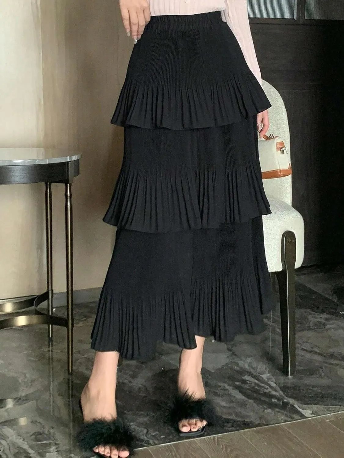 Womens Solid Ruffle Hem Pleated Midi Skirt Knee Length Skirts for Women