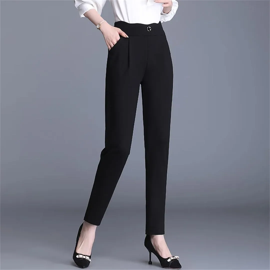 Women's Solid Trousers Summer Thin Radish Cropped Pants High Waist Elastic Loose Casual Leg Work Pants