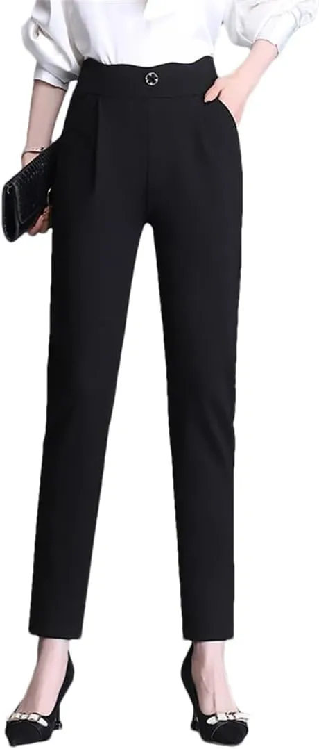 Women's Solid Trousers Summer Thin Radish Cropped Pants High Waist Elastic Loose Casual Leg Work Pants