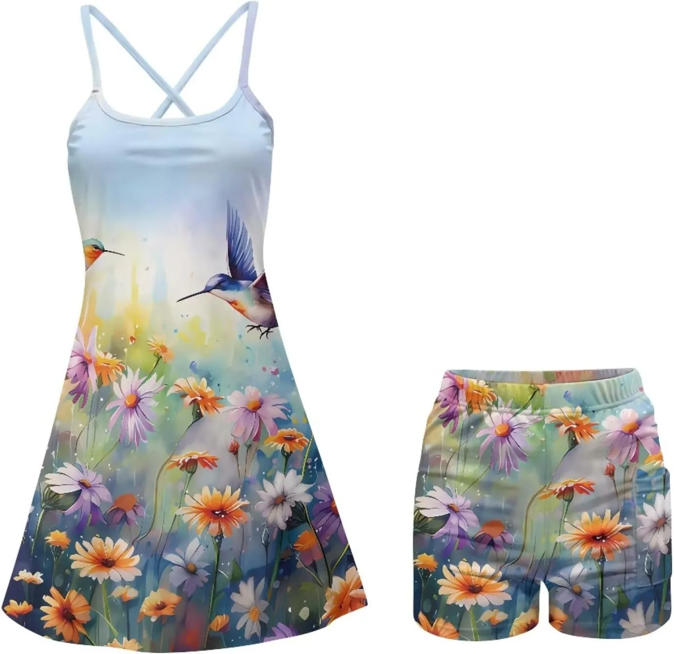 Womens Spaghetti Strap Tennis Dress with Shorts Workout Slim Fit Active Golf Dresses with Pockets Plus Size