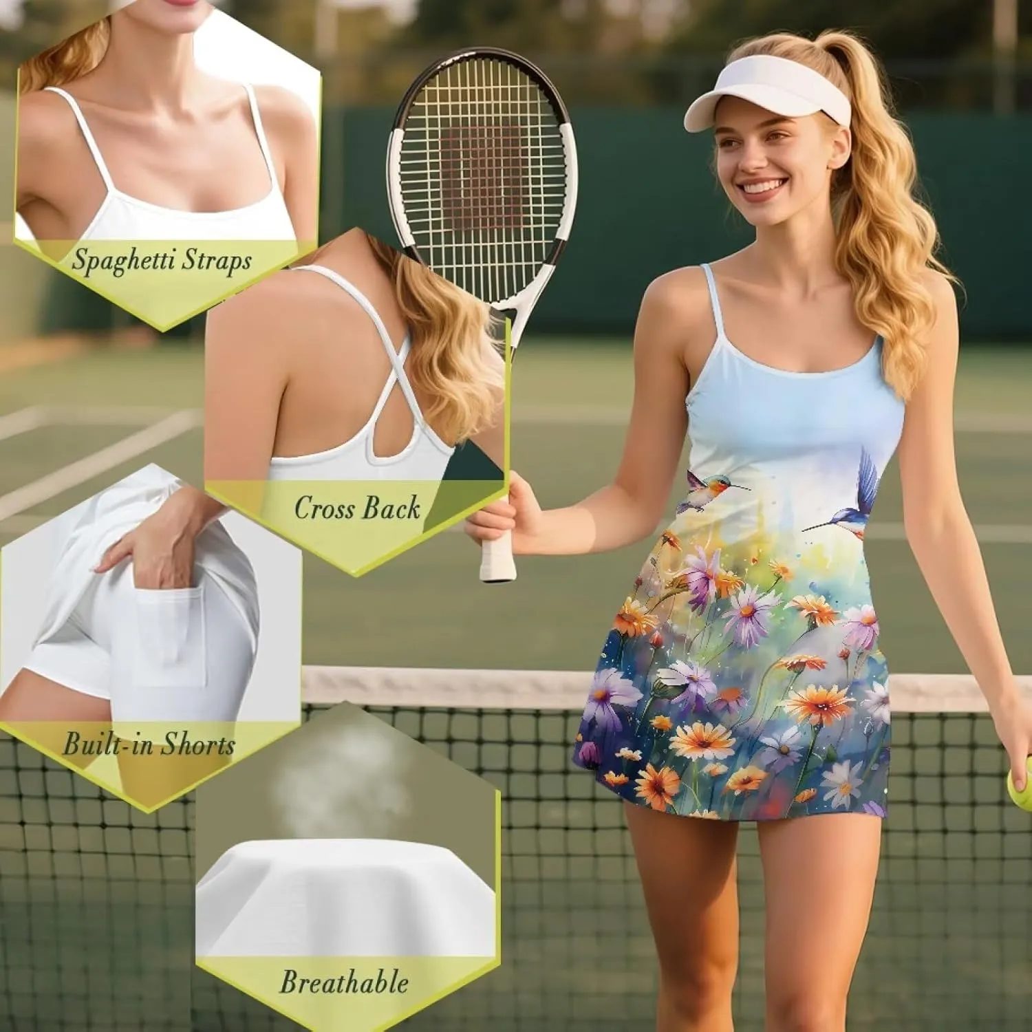 Womens Spaghetti Strap Tennis Dress with Shorts Workout Slim Fit Active Golf Dresses with Pockets Plus Size