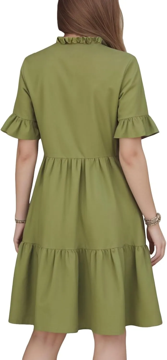 Womens Summer Casual Button Down Mini Dress Ruffle Short Sleeve V Neck Flowy A Line Tiered Beach Vacation Dresses
