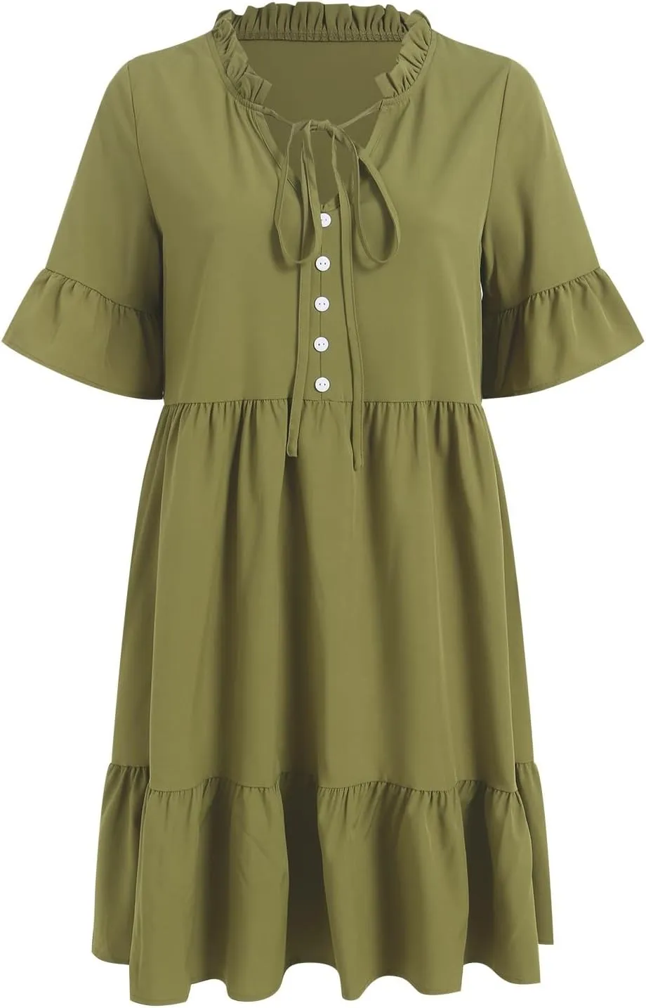 Womens Summer Casual Button Down Mini Dress Ruffle Short Sleeve V Neck Flowy A Line Tiered Beach Vacation Dresses