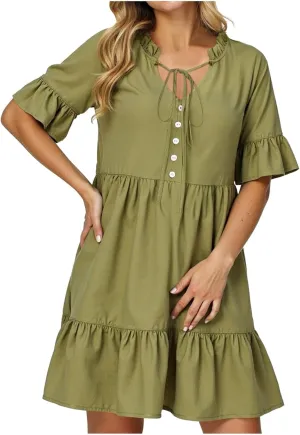 Womens Summer Casual Button Down Mini Dress Ruffle Short Sleeve V Neck Flowy A Line Tiered Beach Vacation Dresses