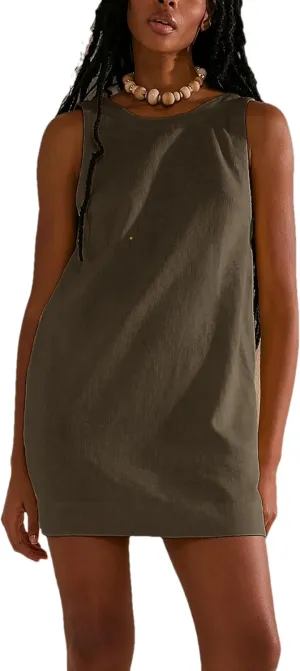 Womens Summer Crew Neck Sleeveless Open Back Dress Casual Beach Sunshine Cotton Linen Mini Dress