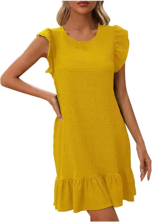 Women's Summer Dresses Round Neck Flutter Sleeveless Tank Dress Solid Color Flowy Ruffle Hem Mini Babydoll Dresses