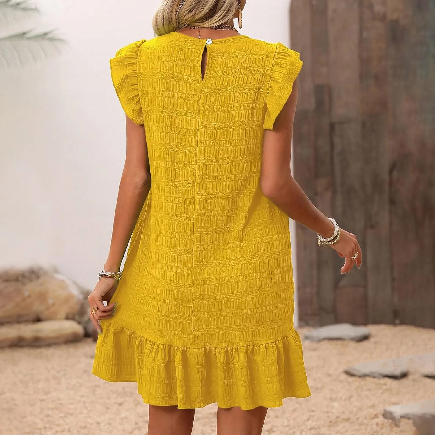 Women's Summer Dresses Round Neck Flutter Sleeveless Tank Dress Solid Color Flowy Ruffle Hem Mini Babydoll Dresses