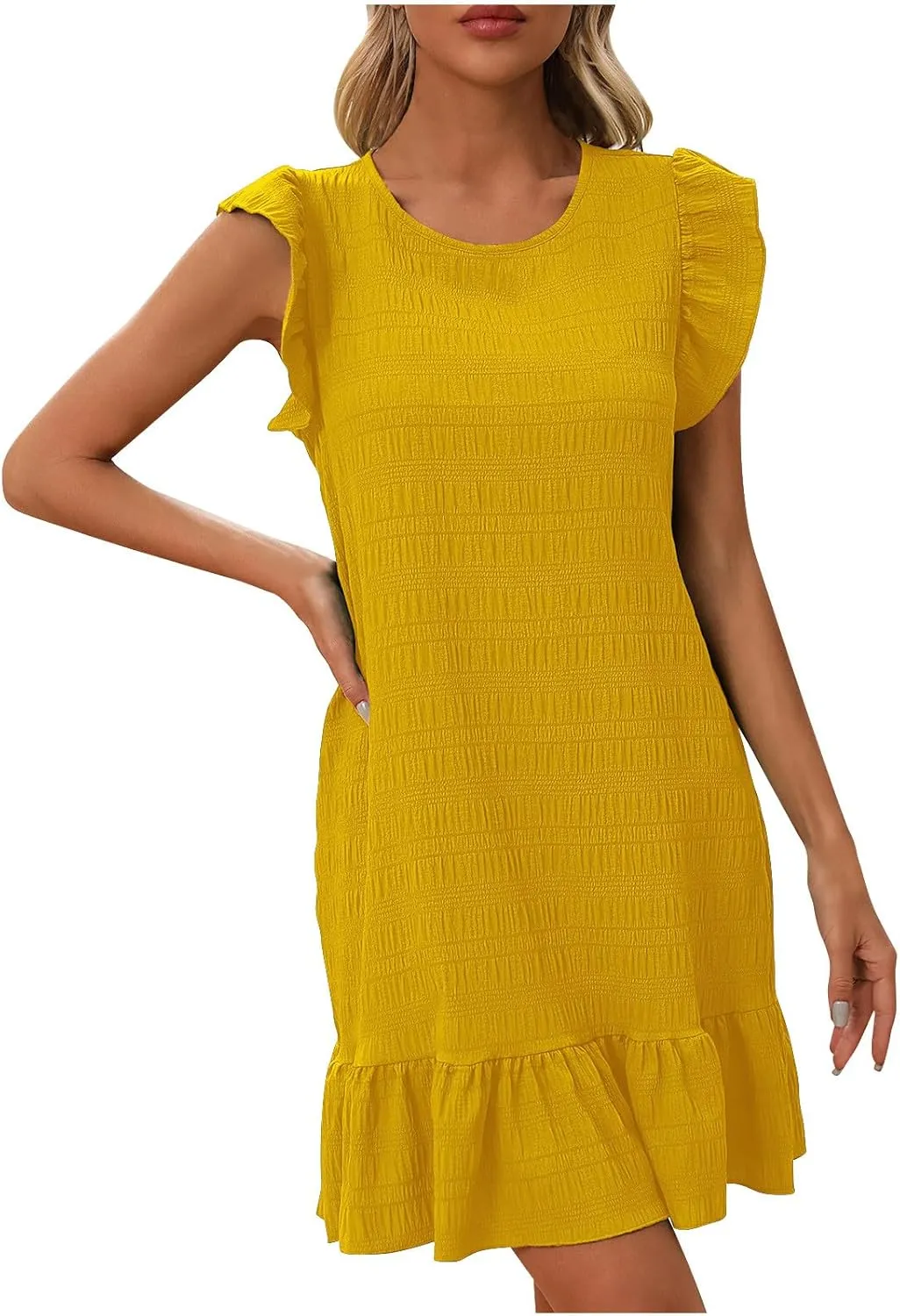 Women's Summer Dresses Round Neck Flutter Sleeveless Tank Dress Solid Color Flowy Ruffle Hem Mini Babydoll Dresses