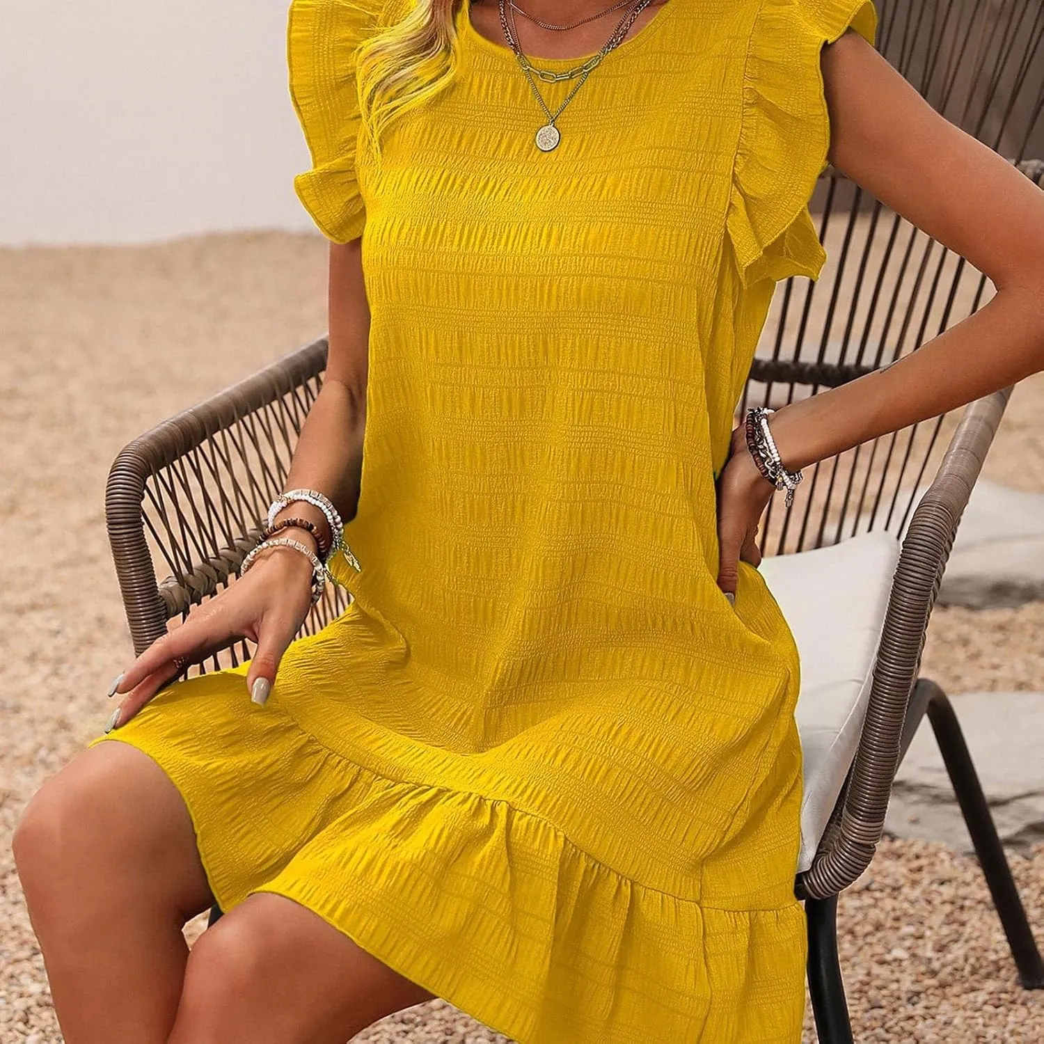 Women's Summer Dresses Round Neck Flutter Sleeveless Tank Dress Solid Color Flowy Ruffle Hem Mini Babydoll Dresses