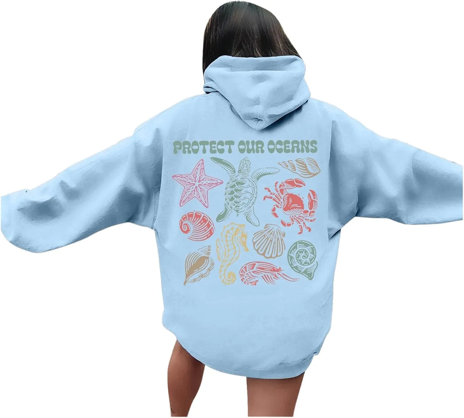 Womens Sweatshirt Graphic Oversized Hoodies Ocean Print Comort Long Sleeve Drawstring Pullover Surfing Hoodie