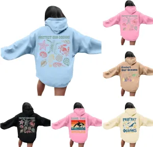 Womens Sweatshirt Graphic Oversized Hoodies Ocean Print Comort Long Sleeve Drawstring Pullover Surfing Hoodie