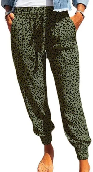 Womens Tapered Pants Leopard Print Drawstring Elastic High Waist Long Pants Loose Soft Casual Trousers with Pockets