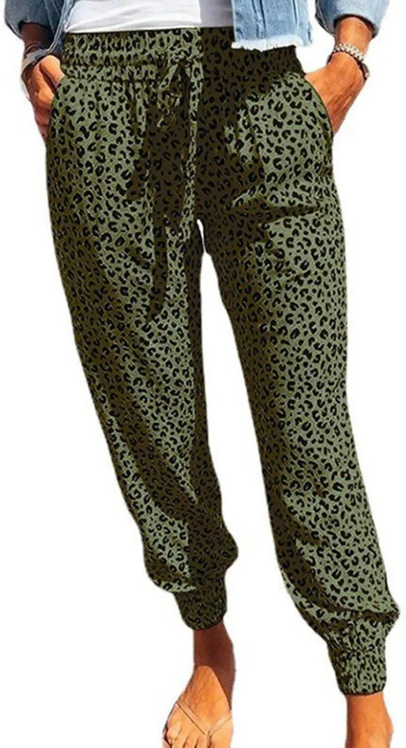 Womens Tapered Pants Leopard Print Drawstring Elastic High Waist Long Pants Loose Soft Casual Trousers with Pockets